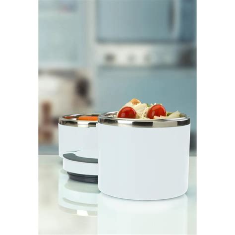 2-tier round stainless steel insulated lunch box in white|stackable stainless steel lunch containers.